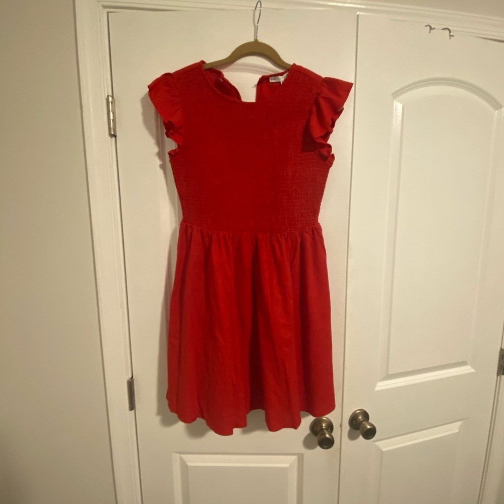 Red Smocked ruffle sleeve dress